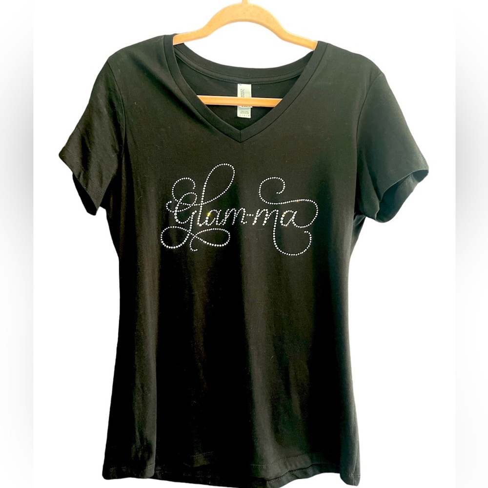 Black V-neck T-shirt with glam-ma  jewels on the front.